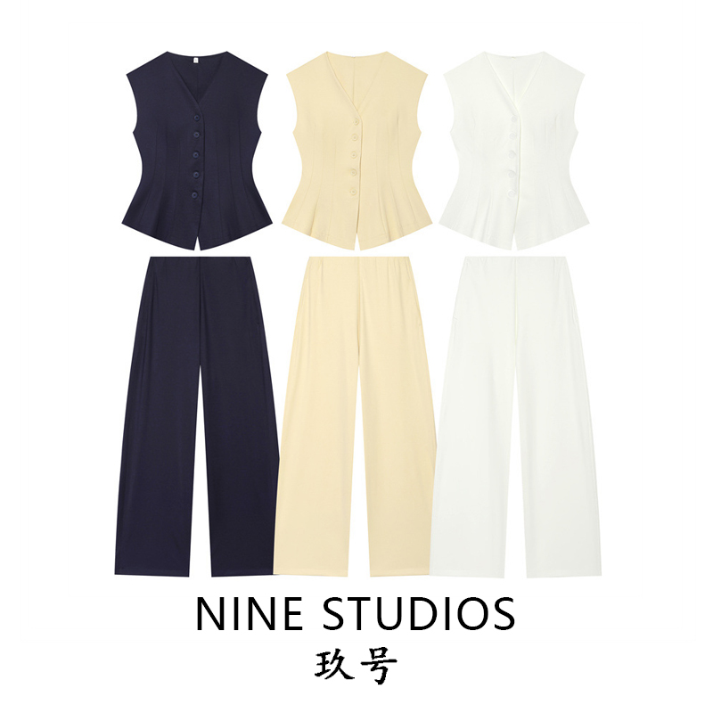 Women'S Fashion Vest Tops - V-Neck Waist-Cinched Button-Up Vest Wide-Leg Pants